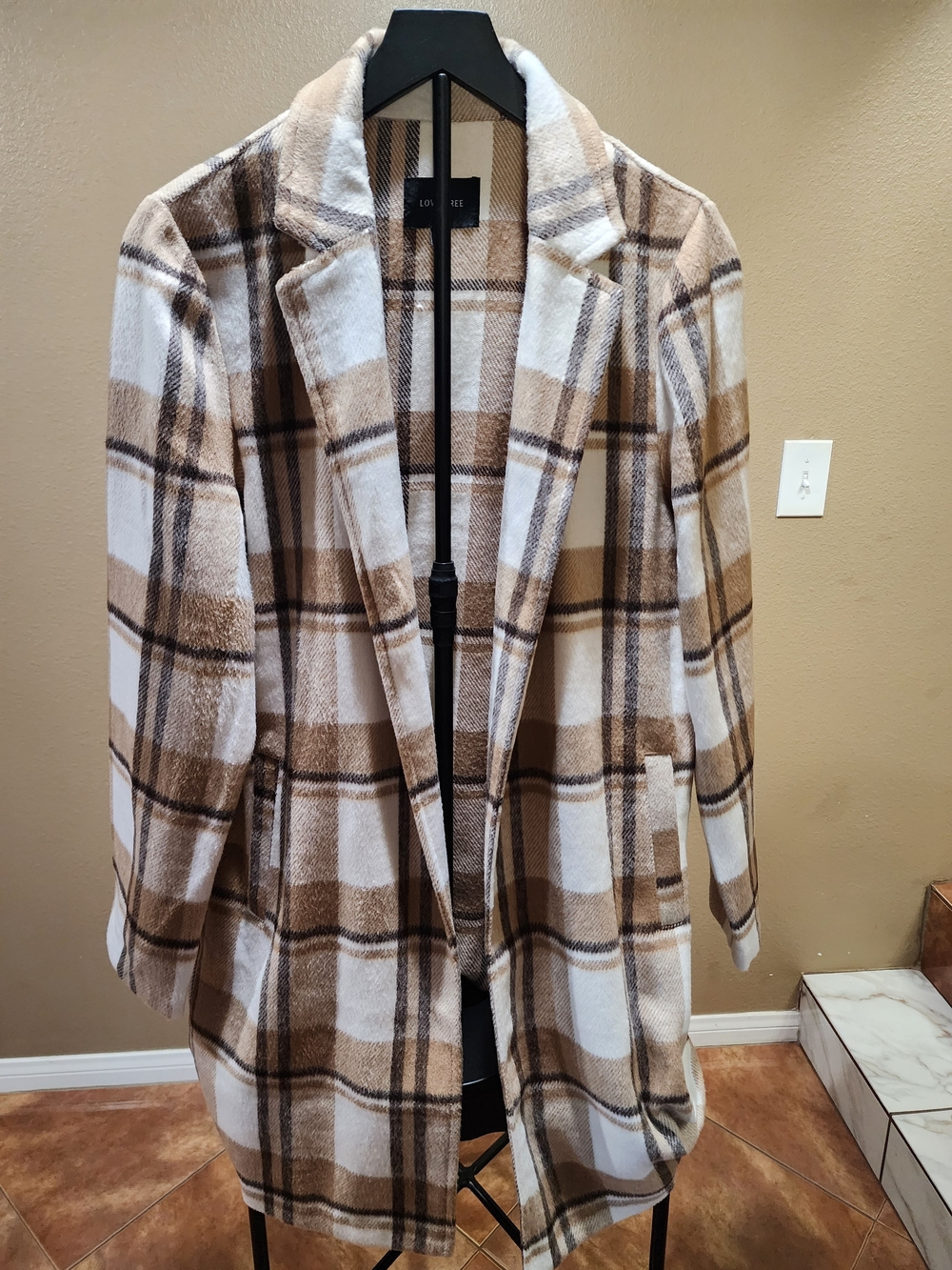 Love Tree Plaid Pea Coat in Beige and White